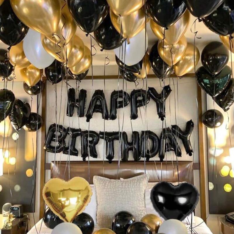 42pcs 16-Inch Black "Happy Birthday" Letter Foil Balloons Set, Including Black, Gold, White Latex Balloons And Heart-Shaped Foil Balloons, Happy Birthday English Letter Decoration, For Party Scene Decoration, Birthday Party, Home Party Background Supplies 0