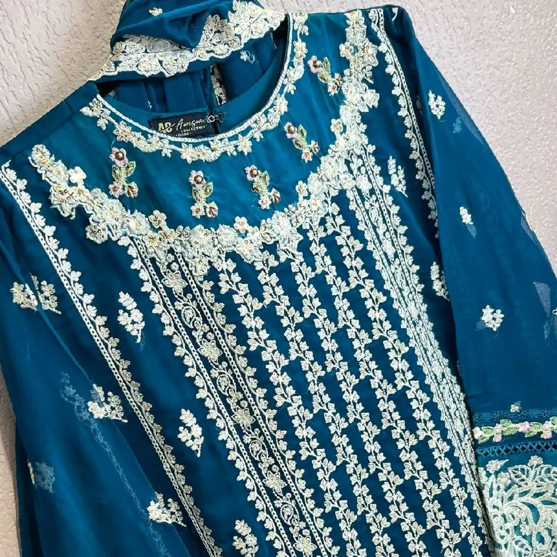 Aghanoor inspired 3pc fully heavy embroidered Chiffon Dress with silk trouser.. 4