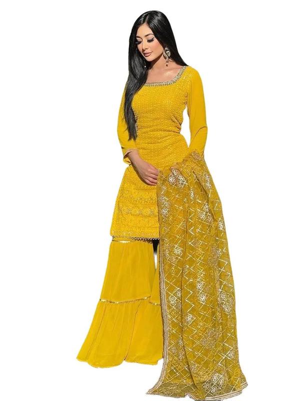 Traditional and Elegant Designer Faux Georgette Fabric Heavy Dress Plazzo with Dupatta For Women Elegance Garment 0