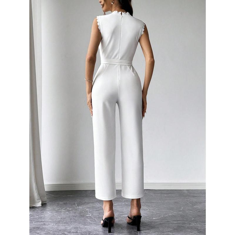 Firerie Women's Elegant Commuter White Lace Splicing Sleeveless High Waist Long Jumpsuit,White Long Jumpsuit,Women Rompers,Sleeveless Jumpsuit,Slim Fit Long Jumpsuit,Teacher Clothes,Teacher's Jumpsuit,Suitable For Daily, Party, Homeco Fabric Polyester 2