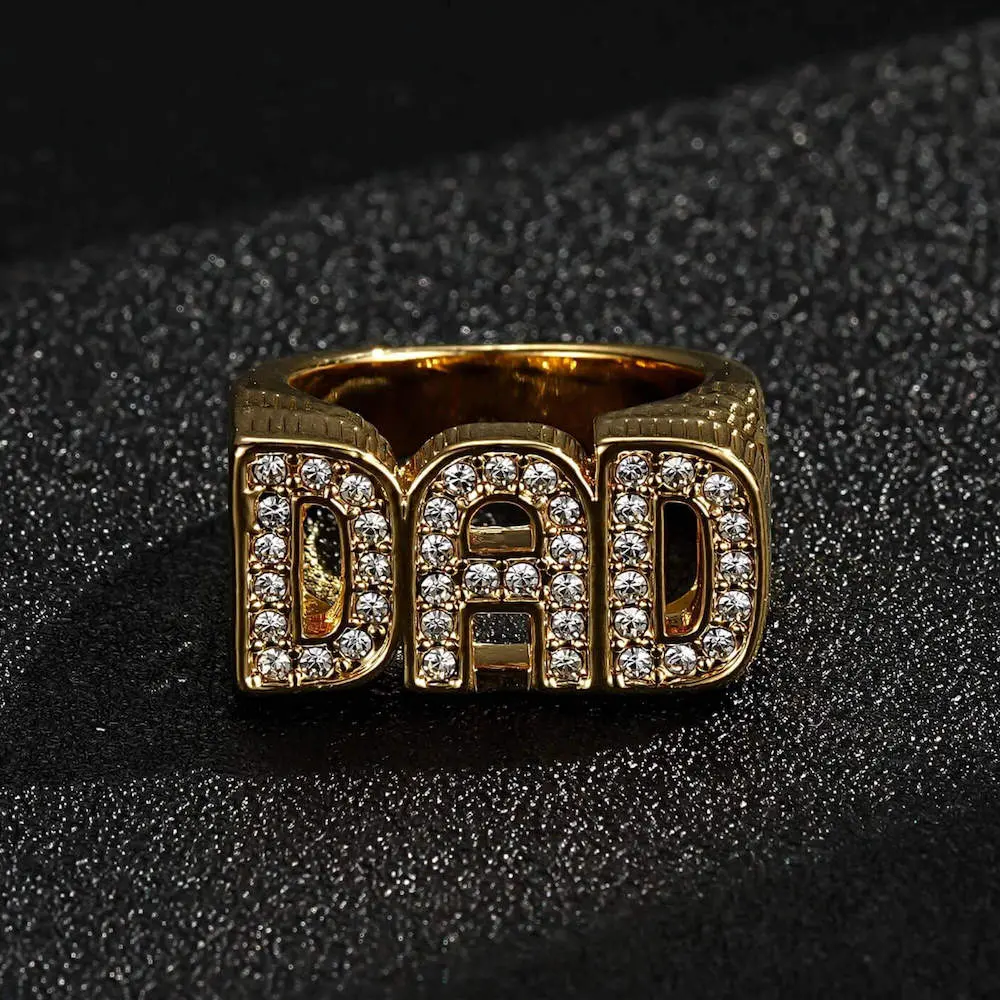 Gold Waterproof Dad Ring with Stones Size T