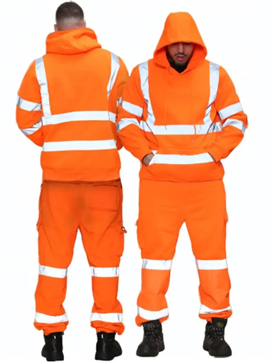 Men's Hi Vis Viz Tracksuit Pullover Hoodie & Jogging Bottom Trouser - High Visibility Safety Security Work Wear Sweatsuit Set
