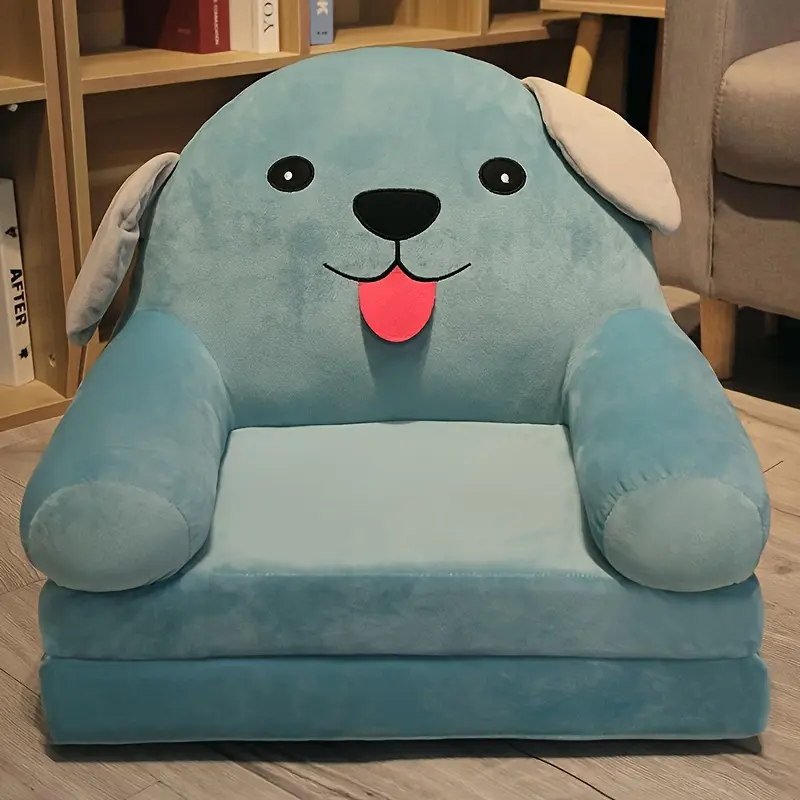 Plush Folding Sofa with Pillow - Cozy Youngsters' Lounge Chair for Playroom & Nursery - Blue Polyester/Memory Foam