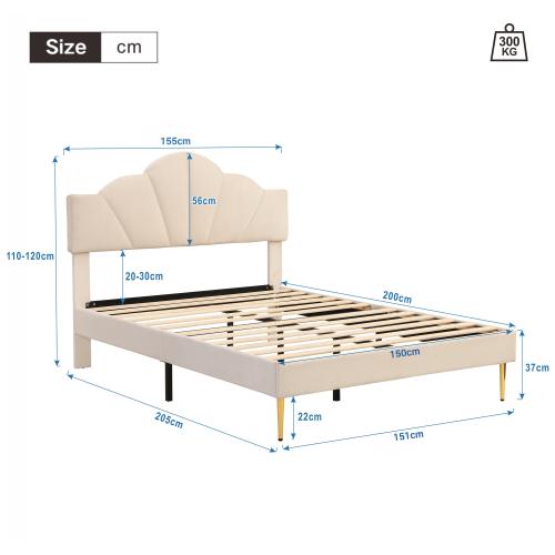 Velvet upholstered bed,90*190cm/ 135*190cm/ 150*200cm, shell-like bed with golden iron legs, height-adjustable headboard, wooden slatted frame, Beige 6
