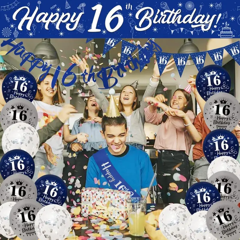 16th Birthday Decorations For Boys,16th Birthday Banners Navy Blue Silver for Him, Happy Birthday Party Decoration,Birthday 9ft Banner Bunting Sash Confetti Latex Balloons Triangle Flags Cake Toppers 4