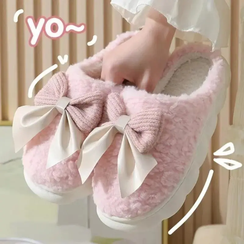 New Bow Cotton Slippers Women's Indoor Home Use Warm Thick Bottom Anti-slip Postpartum Slippers Women's Sweet Style 4