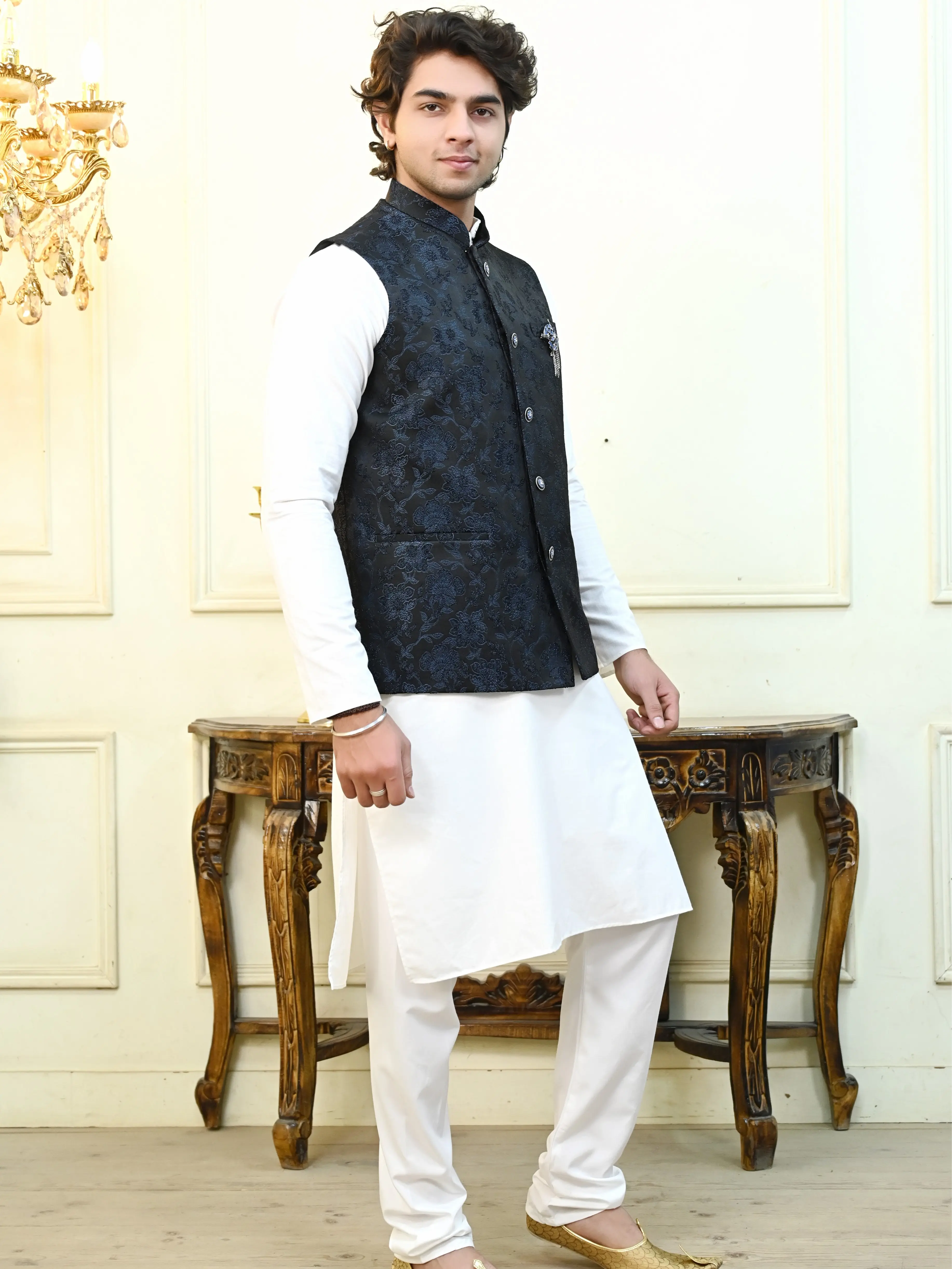 Men's Black & Blue Floral Print Waist Coat | Indian Traditional-Wear | For Weddings - Events - Festivals