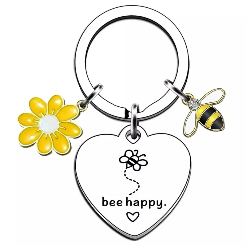 BEE HAPPY Keyring for Women. Engraved Double Sided. Perfect Heart Gift. 1