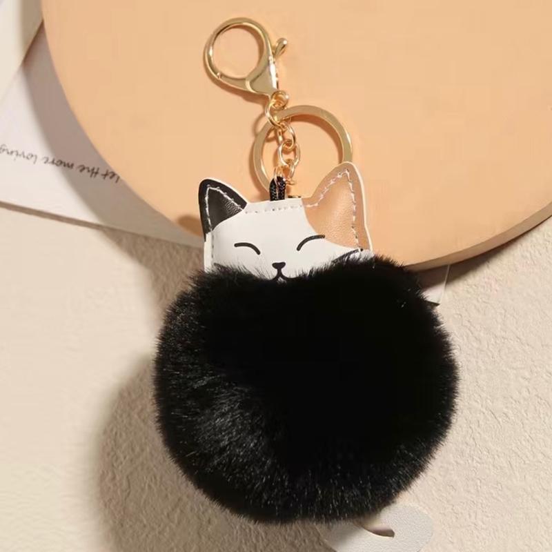 Fur Ball Lovely Smiley Cat Head Key Chain For Women's Bag Or Cellphone Or Car Pendant Cartoon Cat & Pom Pom Decor Bag Charm Key Ring 0