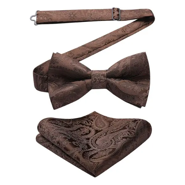 Men's Solid Color Pre-tied Bow Tie Adjustable Tuxedo Two Layer Bow Tie and Pocket Square Set with Gift Box 4