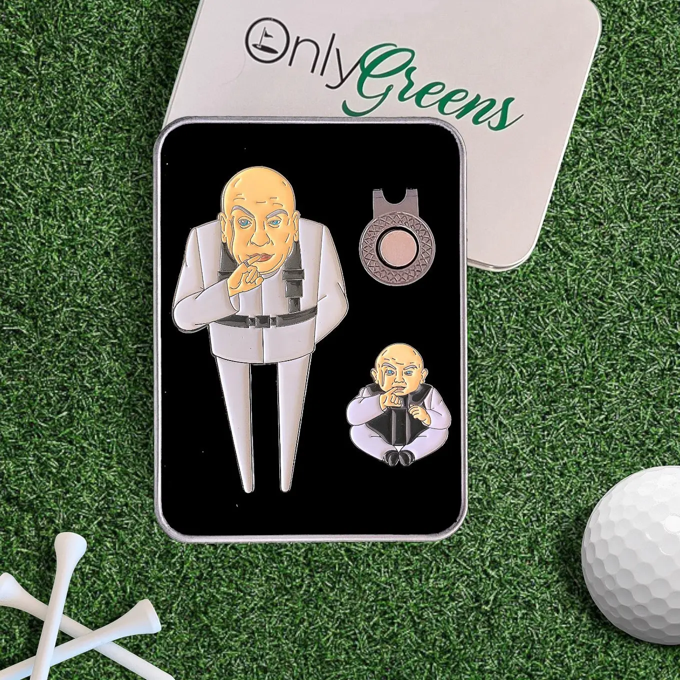 Only Greens Golf - Divot/Pitch Repair Tool and Ball Marker Set - Dr. Evil & Clone Caddy