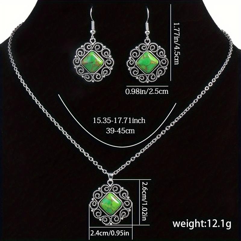 Boho Style Jewelry Set with 3-Piece Earrings and Necklace, Inlaid Green Gemstone and Cute Flower Edge - Great Gift for Her 7
