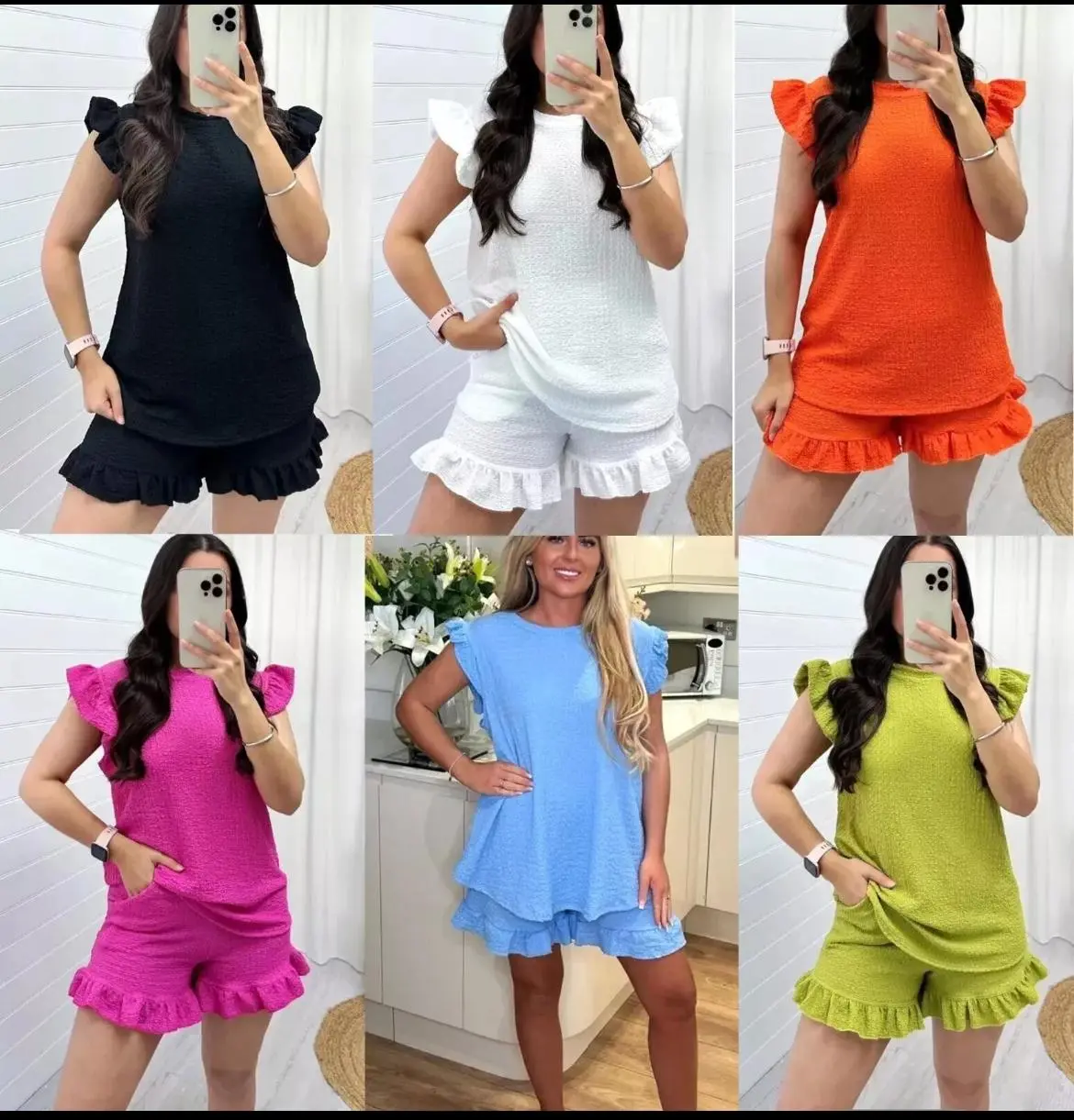 Women's Ladies Cheesecloth Fabric Frill Sleeve Top Shorts 2PCS Co Ord Set Lounge Womenswear Overalls