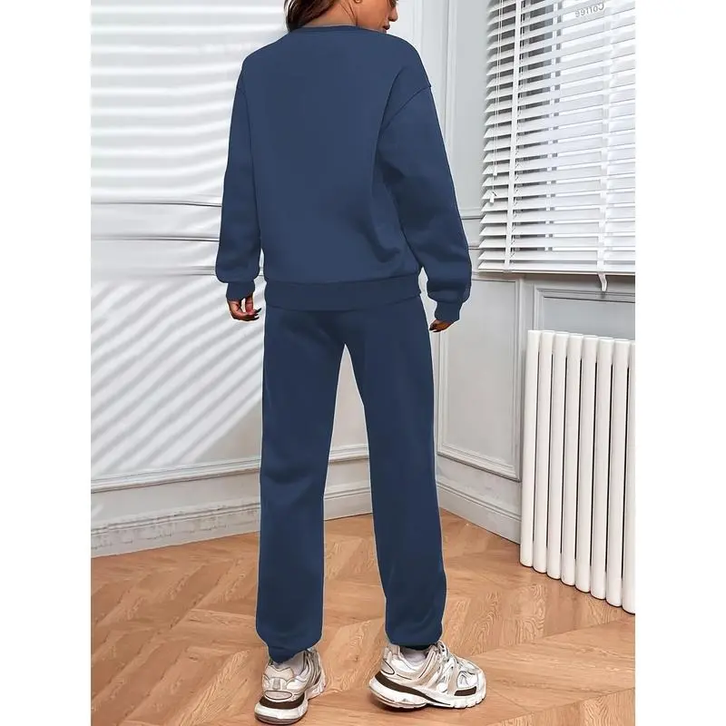 Two-Piece Solid Color Crew Neck Long Sleeve Top and Drawstring Jogger Pants Set - Soft Micro Elasticity Polyester Fabric, Pocket Details, Casual Wear for All Seasons 7