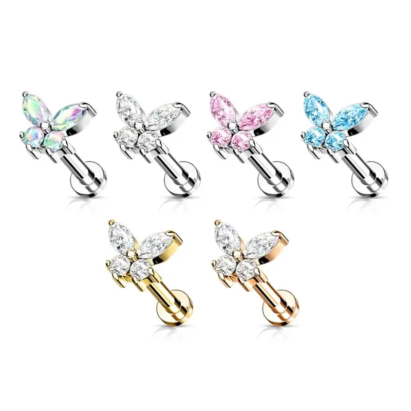 CRYSTAL BUTTERFLY FLAT BACK LABRET STUD 7