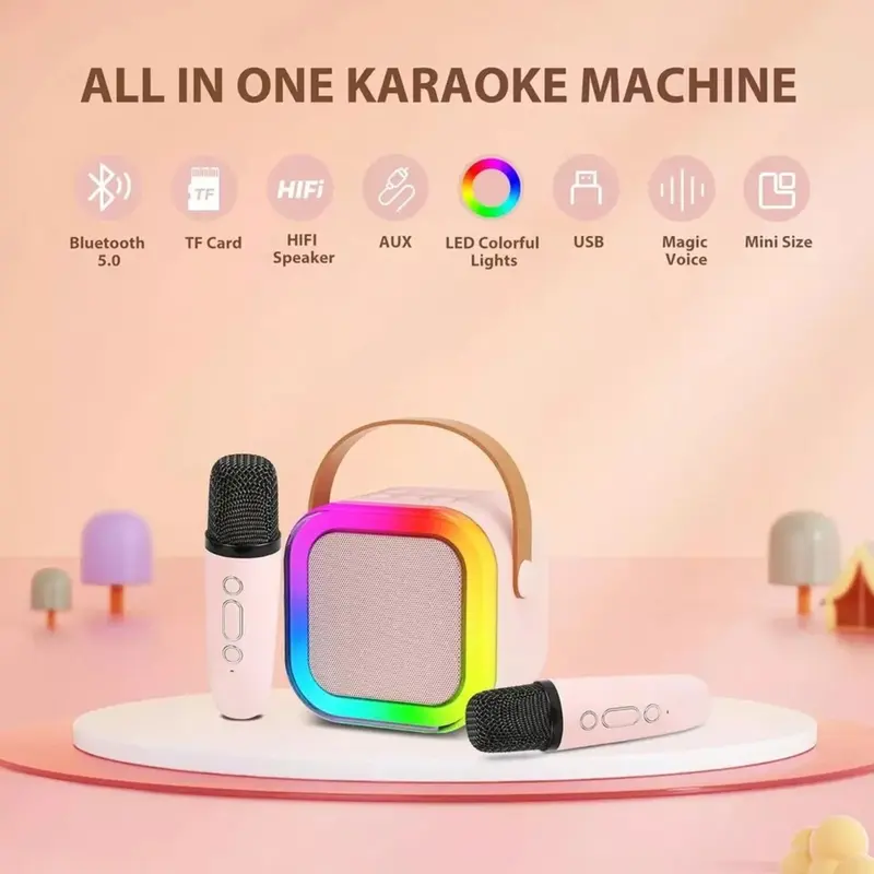 Mini Karaoke Machine Kids with 2 Microphone Portable Bluetooth Speaker with LED, Birthday Gift, Christmas Gift, Children Gift Audio Wireless Adjustable Button karaoke  machine mini karaoke Connection Ktv 4