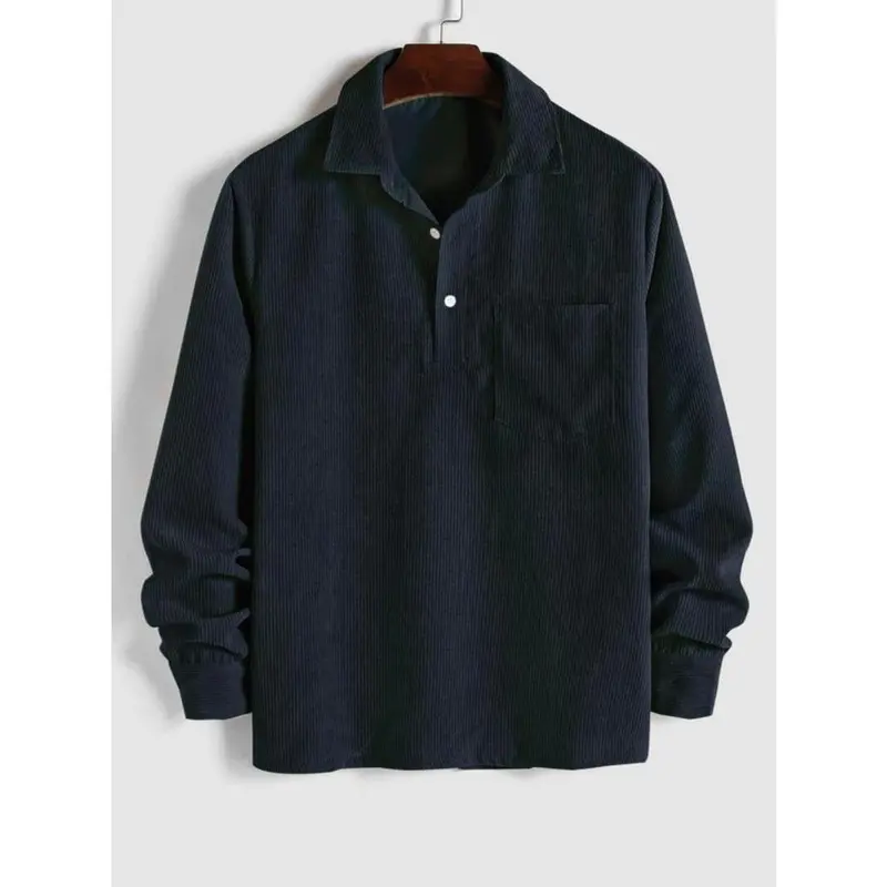 Men's Plain Pocket Half Button Corduroy Shirt, Soft Comfy Regular Fit Long Sleeve Half Placket Collared Top for Fall & Winter, Men's Clothes, Basic Tops, Mens Clothing, Better Men 2