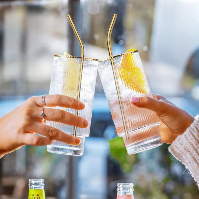 Stunning Ripple Crystal Highball Glasses- 2 Handmade Coffee Glasses + Cocktail Accessories | 2 Metal Straws, Bar Spoon & Jigger Drinkware Reusable Set Stylish 5
