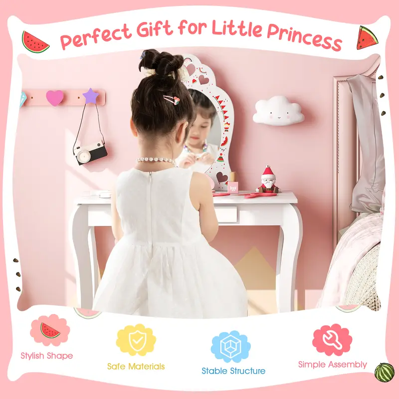 COSTWAY 2-in-1 Kids Vanity Set with Mirror and Drawer 2