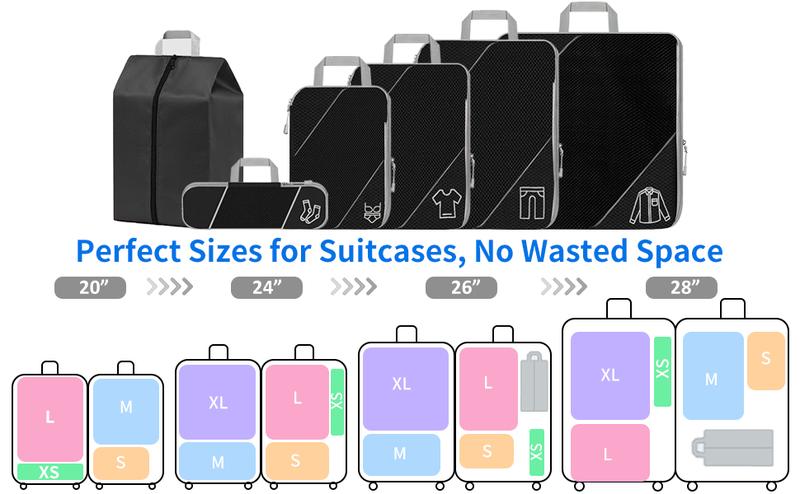 Product Introduction of 6 PCS Compression Packing Cubes for Luggage and Backpack, Black Travel Cubes Organiser Bags Set 2