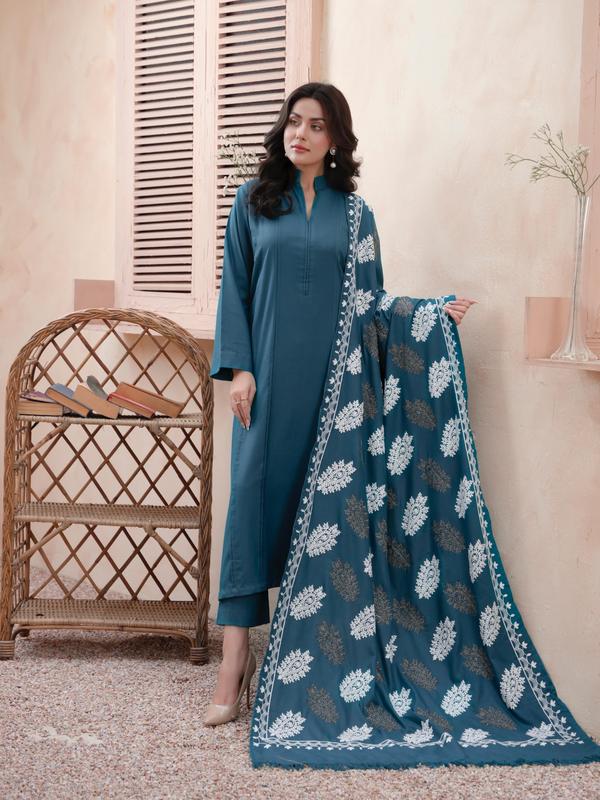Eyanas -  Dhanak teal plain suit with embroidered shawls 3pc readymade 0