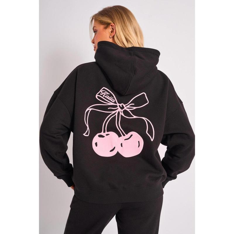 Kaiia Cherry Bow Graphic Oversized Hoodie Black & Pink 0