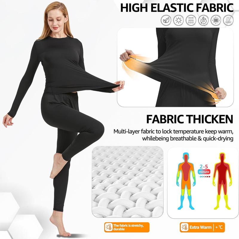 Womens Thermal Underwear Set,Crew Neck Long Sleeved Base Layer Top & Leggings Multifunctional Home Thermal Base Layers for Sports Skiing Womenswear Comfort Basic Black Minimalist 2