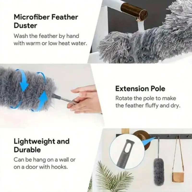 4 Pcs Set Household Dusting Cleaning Kit With Extendable Adjustable Telescoping Pole And 3 Microfiber Duster and Cleaning Head For Floor, Ceiling, Bedroom, Sofa Back And Furniture Cleaning. 7