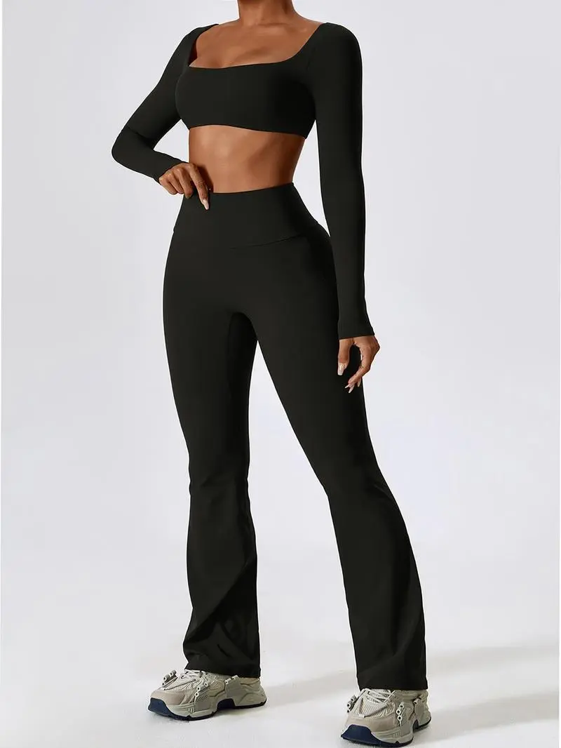 2 Counts Women's Solid Square Neck Crop Top & High Waist Flared Leggings Tracksuit Set, Tracksuit for Women, Gym Sets for Women, Summer Sets, Sporty Long Sleeve Top & Bell Bottom Trousers, Yoga Workout Co-ords Two Piece Set Workwear