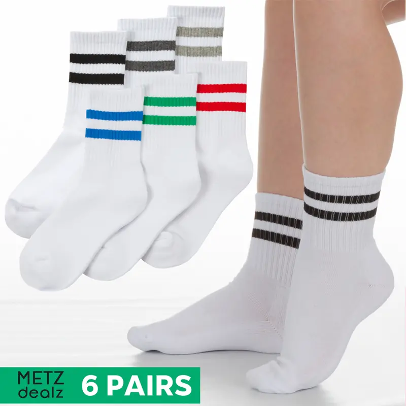 6 Pairs Kids Boys Cotton Rich Sport Crew Ankle Football Socks Ribbed White with Stripe Leisure Mid Calf Socks UK 9-12 Child 12.5-3.5 4-6 Junior Youths PE Socks School Active Football Socks 0