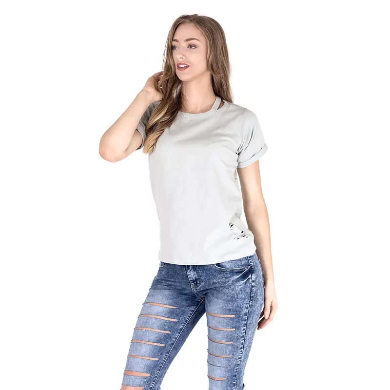 Noroze Women's Short Sleeve Plain T-Shirts Distressed Ripped Holes Nibble Cut Out Rounded Neck Casual T-shirt UK Sizes 6-18 5