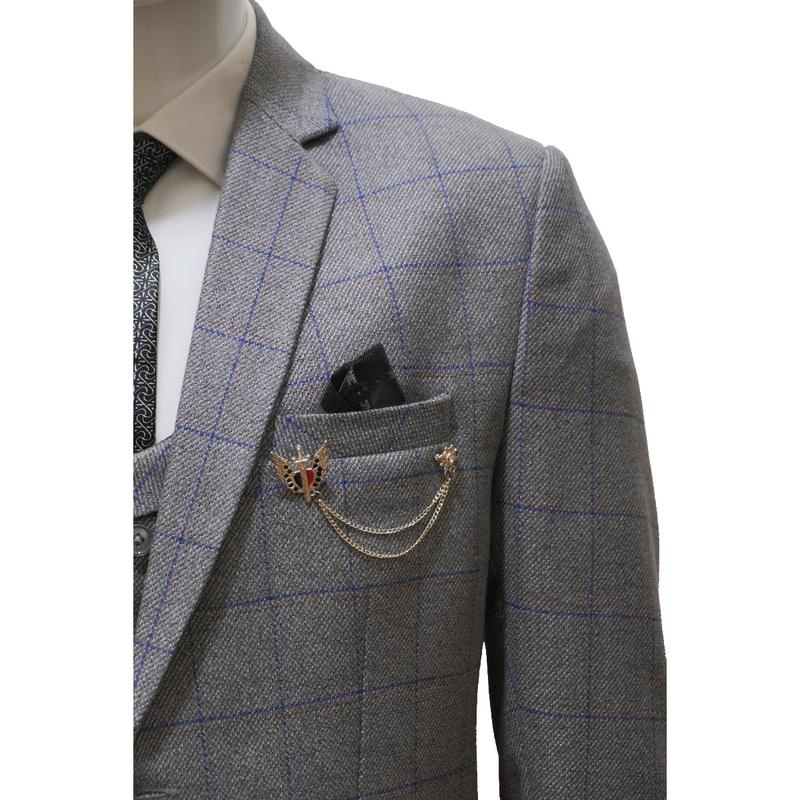 Men's Tweed Grey Check 3 Piece Suit - Wool Jacket, Waistcoat, Trousers & Tie 5