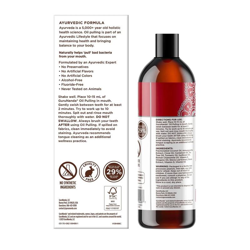 GURUNANDA COCONUT & CINNAMON OIL PULLING WITH NEEM & ASHWAGANDHA - 8 FL OZ (INCLUDES FREE TONGUE SCRAPER AND TOOTHBRUSH) 4