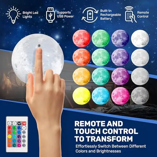 CUQOO 3D Moon Shaped Night Light with Elegant Wooden Stand Realistic White Light with Touch Control & USB Charging Rechargeable 3D Printed Bedside Beautiful Full Moon Table Lamp Universal Decorative Night Light for Bedroom Living Room, Indoor Lighting 1