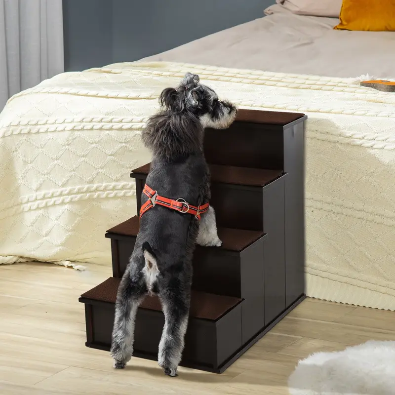 PawHut 4 Step Cushioned Pet Stairs Ramp Steps for Dogs, Cat Ladder for Bed Couch with Non-Slip Carpet, 40 x 59 x 54.2 cm, Dark Coffee 1
