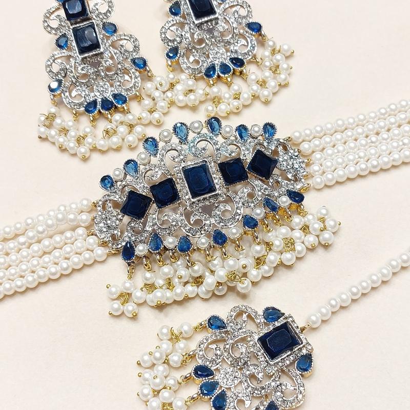 Zircon Choker Set with Real Stone MJB 045 - Bridal Set with Earrings,Tikka, and Pearls Bandhai Necklace 6