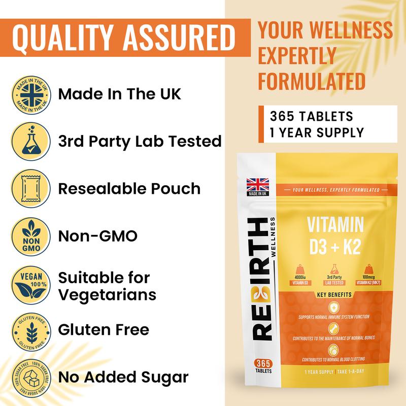 Vitamin D3 + K2 - 365 Tablets (1 Year Supply) - D3 4000iu + K2 100mcg - 3rd Party Lab Tested - Made in UK - ReBirth Wellness - Healthcare, cortisol boost 2