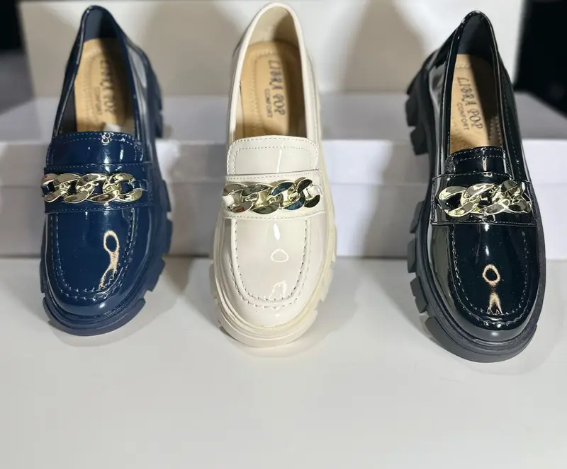 Women's Flat Creepers & Chunky Sole Shoes Ladies School and Work Slip On Chain Loafers (999-1) 2