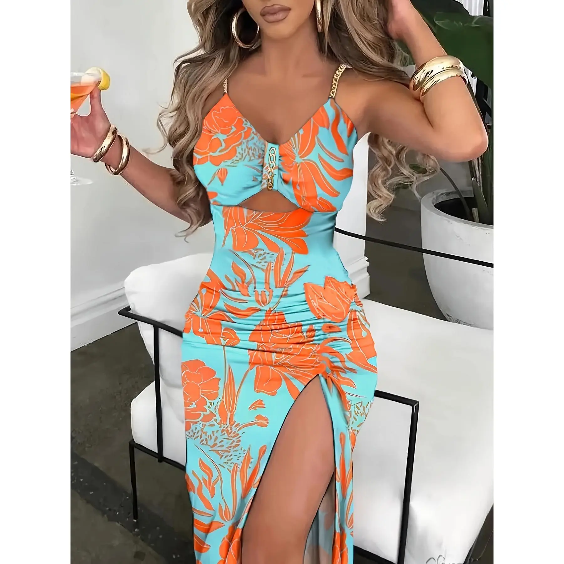 Women's Floral Print Bodycon Dress with Chain Strap and Cut Out Detail - Sexy Sleeveless Dress for Any Occasion