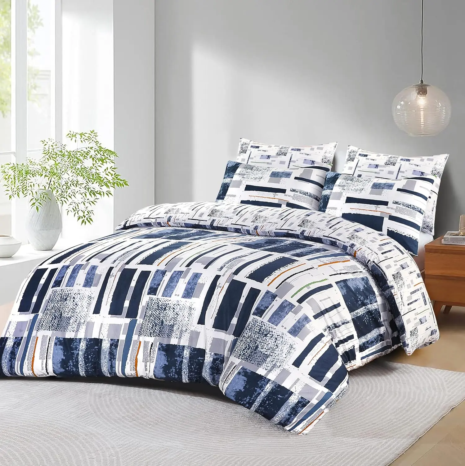 Navy Blue Stripes Duvet Cover Set with Matching Pillowcases - Hotel Quality 3-Piece Super Soft Fiber Grey Bedding Set