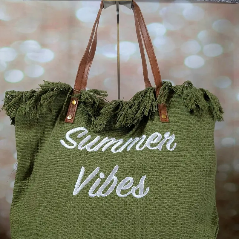[HOE] Summer Vibes Boho TOTE BAGS BEACH BAG - Faux Leather HANDLES - Beach Laptop College Shopping Bag 2