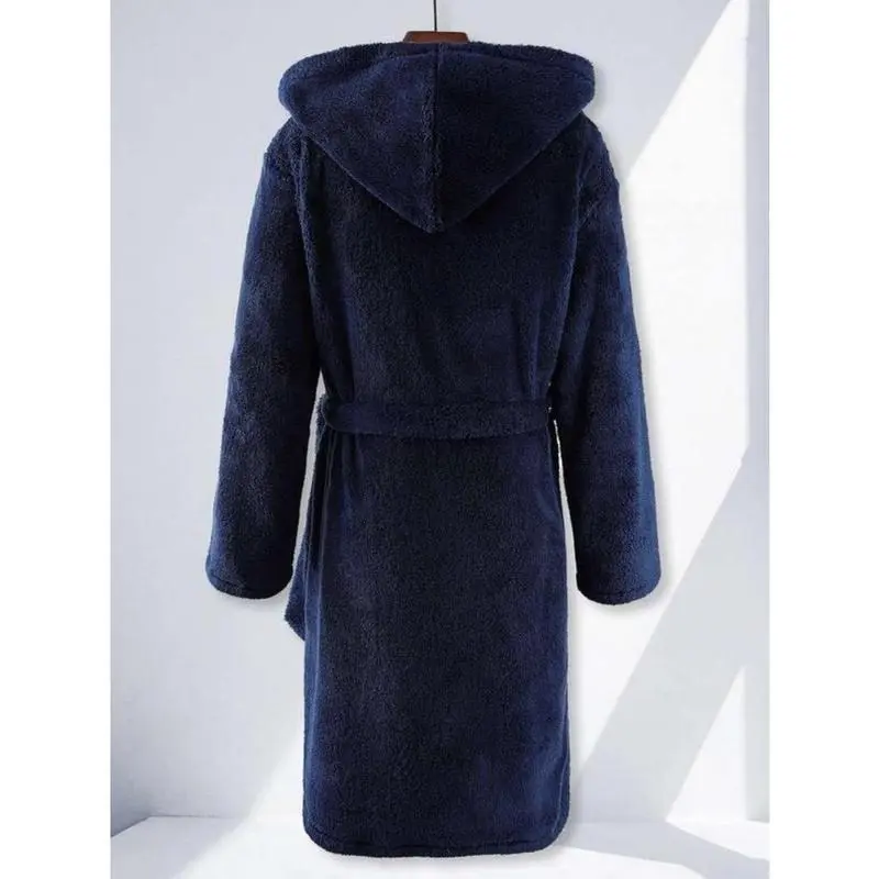 Men's Loose Solid Drop Shoulder Dual Pocket Belted PJ Hooded Bathrobe, Casual Comfy Fuzzy Thermal Robe For Men Daily Home Wear, Men's Sleepwear For Fall & Winter, Trendy Soft Comfy Menswear 1
