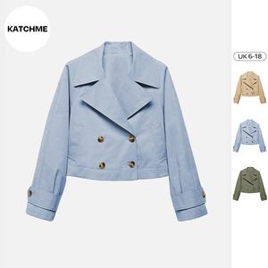 KatchMe Women's Street Notch Lapel Double Breasted Cropped Jacket(B),Fitted Outerwear Jacket,Versatile Long Sleeve Cropped Trench Coat for Spring & Fall