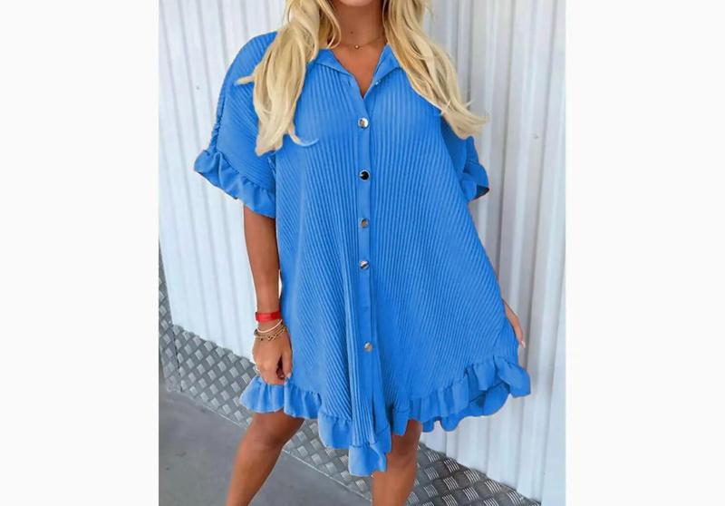 Product Introduction of Women’s Ladies Gold Button Pleated Frill Summer Shirt Swing Mini Dress Viral TikTok Top Casual Fabric 2
