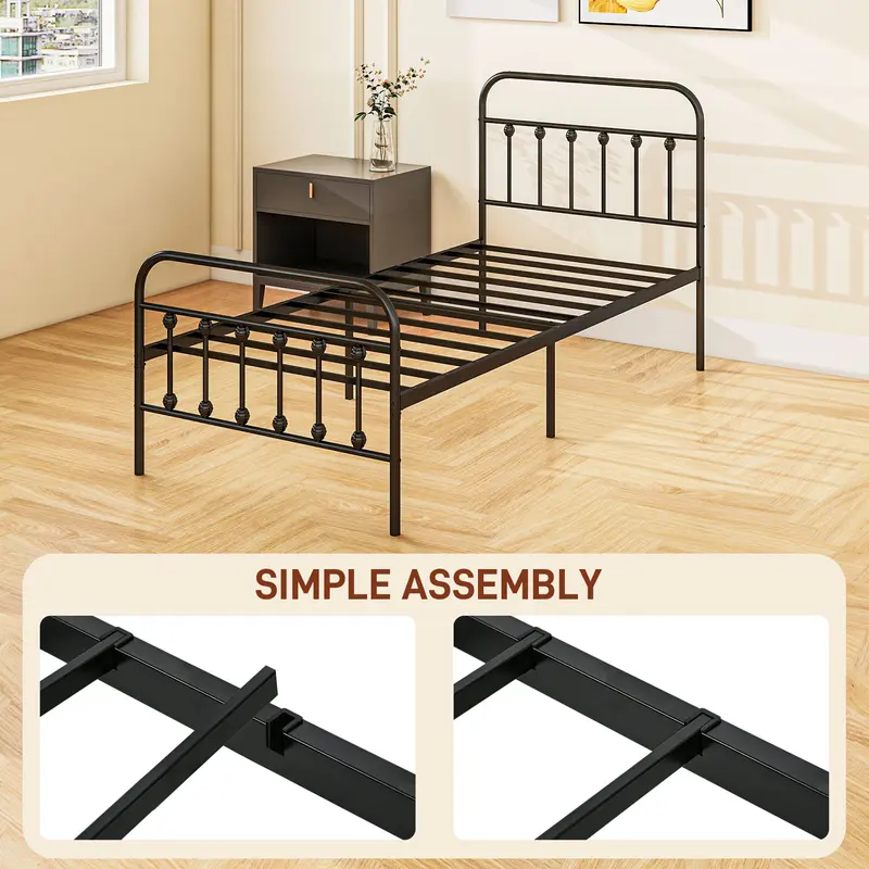 HOMCOM 3ft Single Bed Frame with Underbed Storage, Metal Platform Bed frame with Tall Headboard, Footboard and Steel Slat Support, No Box Spring Needed, Easy Assembly, Black 6