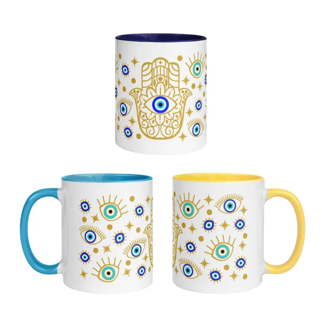Blue Eye Mug, Evil Eye Protection Mug, Nazar Mug, Ceramic Mug with Colour Inside, Tableware, Homeware, Home Decor, Powerful Protection Symbol, All-Seeing Eye, Blue Evil Eye Drinkware Reuse Reusable