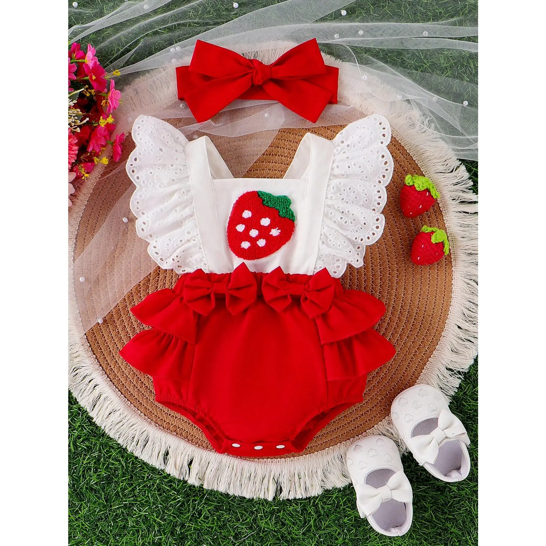 Baby Girls' Strawberry Embroidered Color Block Bodysuit With Ruffle Trim And Hair Accessories