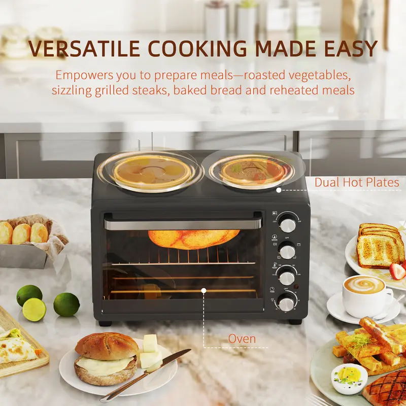 HOMCOM 28L Mini Oven with 2 Hot Plates, Countertop Toaster Oven, Grill, Roast, Bake, Boil, with Timer, Adjustable Temperature, Electric Oven with Baking Tray, Grill Rack, Crumb Tray, 2600W, Black 2