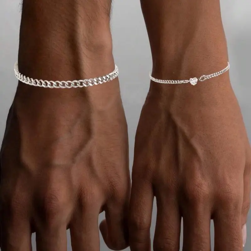 17KM Korean Style RhineStone Chain Stainless Steel Couples Bracelet Set - Heart and Star Design