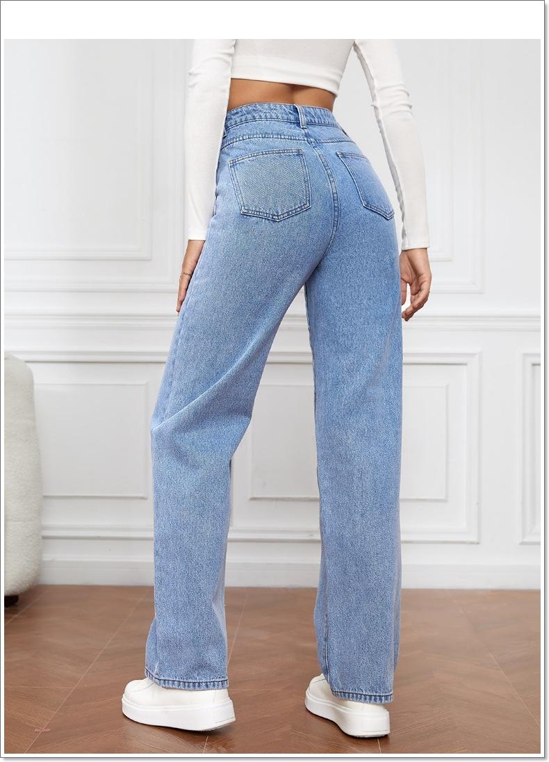 Product Introduction of Women Jeans Straight Pants Denim Washing High Waist Loose Fit Pockets Basics Ankle Length Pants Solid Color Slight Strech 12